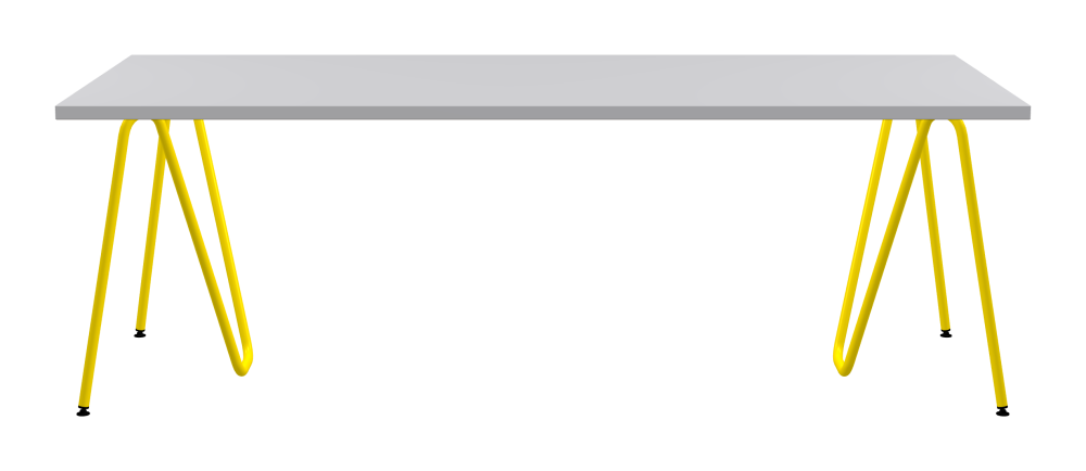SINUS Tisch - Form Eckig - Länge 220,00 cm - Tiefe 90,00 cm - Radius 0,30 cm - Stärke 3 cm - Oberseite Linoleum, 4177 Vapour - Kern Stäbchenplatte - Kante Linoleum, 4177 Vapour - Kantenschräge 90° / SINUS Tischböcke - Material und Farbe Stahl, Pulverbeschichtet, Zinkgelb (RAL 1018) - Größe L: L 74 × B 36 × H 72 cm