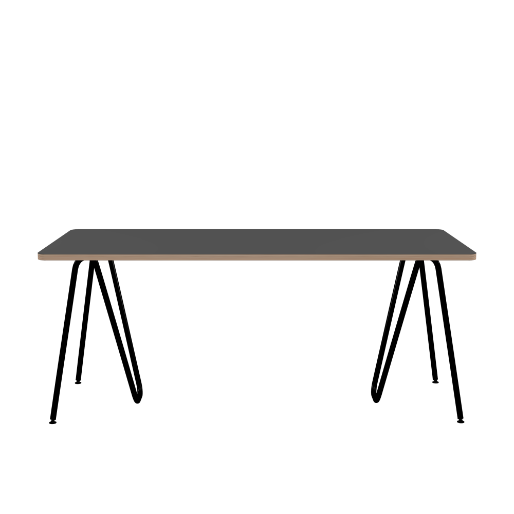 SINUS Table - Shape Square - Length 180.00 cm - Width 80.00 cm - Radius 4.00 cm - Thickness 2.6 cm - Freeform 1.00000000 - Surface Linoleum, 4012 Basalt - Core Birch Plywood - Profile Edge 90° / SINUS Trestles - Material and Colour Steel, Powder-coated, Jet black (RAL 9005) - Size M: L 63 × W 36 × H 72 cm