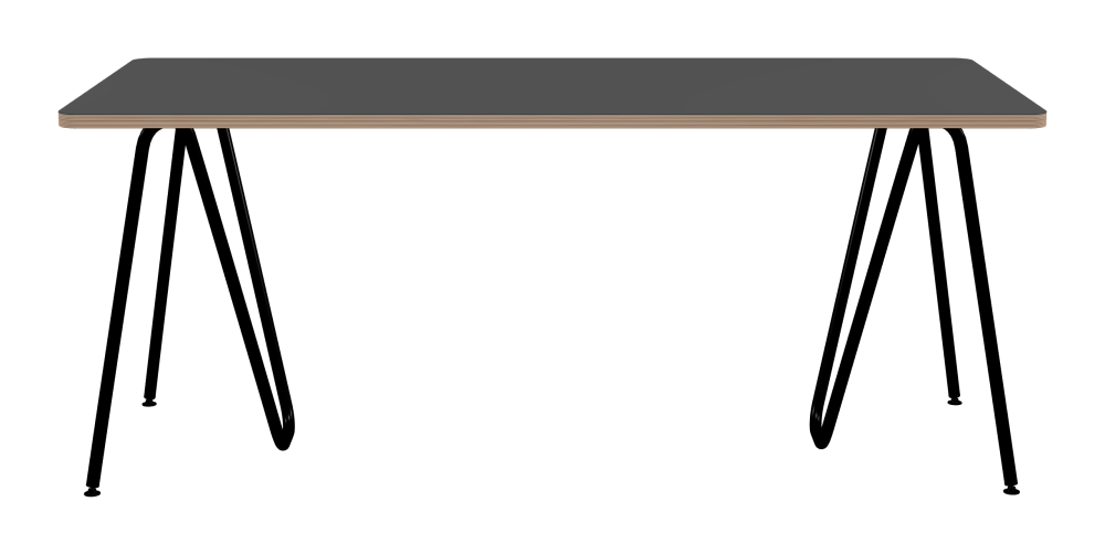 SINUS Tisch - Form Eckig - Länge 180,00 cm - Tiefe 80,00 cm - Radius 4,00 cm - Stärke 2,6 cm - Freiformfläche 1.00000000 - Oberseite Linoleum, 4012 Basalt - Kern Multiplex Birke - Kantenschräge 90° / SINUS Tischböcke - Material und Farbe Stahl, Pulverbeschichtet, Tiefschwarz (RAL 9005) - Größe M: L 63 × B 36 × H 72 cm