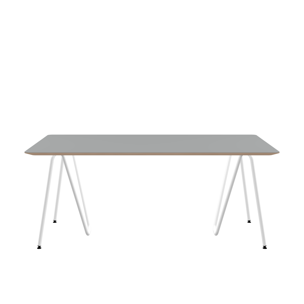 SINUS Table - Shape Square - Length 180.00 cm - Width 100.00 cm - Radius 4.00 cm - Thickness 2.6 cm - Freeform 1.00000000 - Surface Linoleum, 4132 Ash - Core Birch Plywood - Profile Edge 25° / SINUS Trestles - Material and Colour Steel, Powder-coated, Traffic white (RAL 9016) - Size L: L 74 × W 36 × H 72 cm