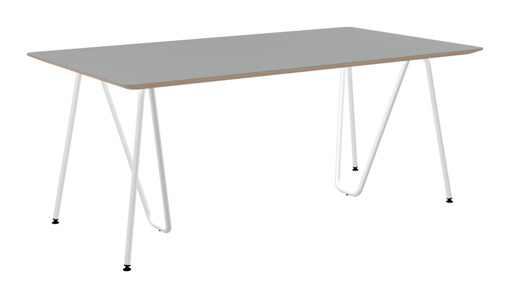 SINUS Tisch - Form Eckig - Länge 180,00 cm - Tiefe 100,00 cm - Radius 4,00 cm - Stärke 2,6 cm - Freiformfläche 1.00000000 - Oberseite Linoleum, 4132 Ash - Kern Multiplex Birke - Kantenschräge 25° / SINUS Tischböcke - Material und Farbe Stahl, Pulverbeschichtet, Verkehrsweiß (RAL 9016) - Größe L: L 74 × B 36 × H 72 cm