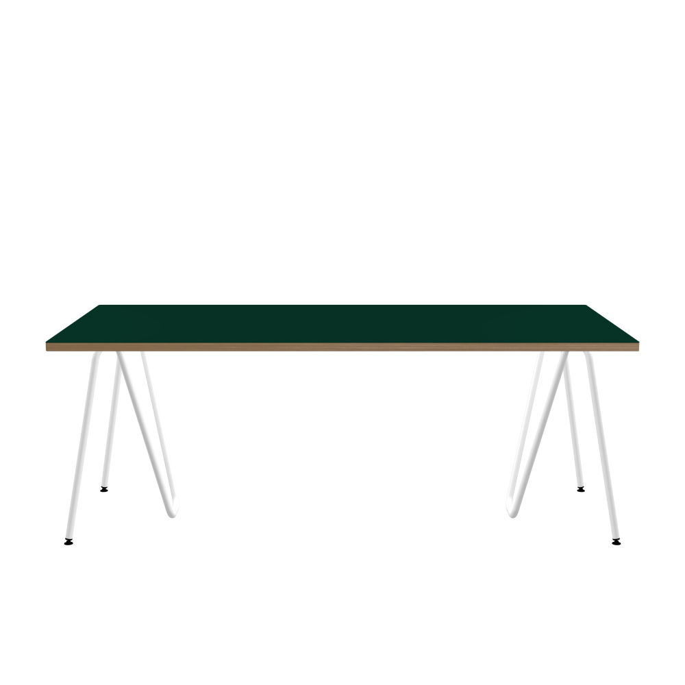 SINUS Table - Shape Square - Length 200.00 cm - Width 100.00 cm - Radius 1.00 cm - Thickness 3 cm - Surface Linoleum, 4174 Conifer - Core Laminboard - Edge Wood, Oak - Profile Edge 90° / SINUS Trestles - Material and Colour Steel, Powder-coated, Traffic white (RAL 9016) - Size L: L 74 × W 36 × H 72 cm