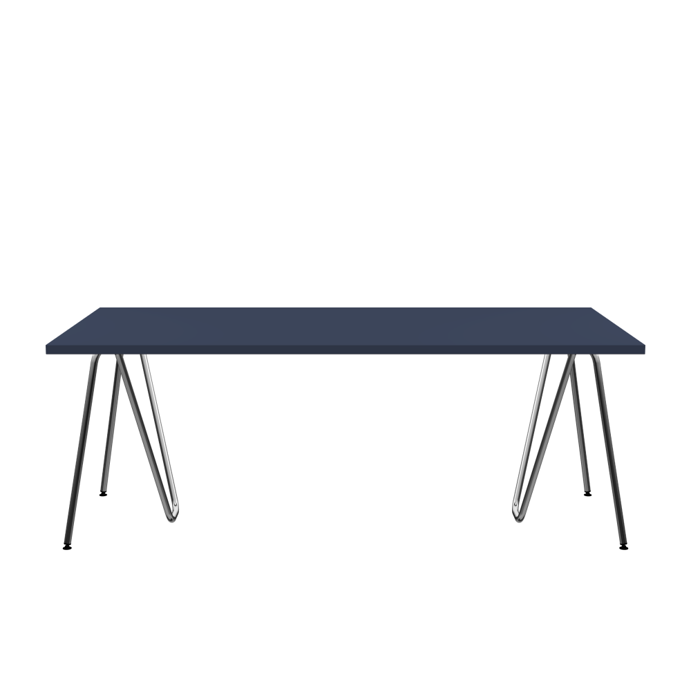 SINUS Table - Shape Square - Length 200.00 cm - Width 100.00 cm - Radius 0.30 cm - Thickness 3 cm - Surface Linoleum, 4179 Smokey Blue - Core Laminboard - Edge Linoleum, 4179 Smokey Blue - Profile Edge 90° / SINUS Trestles - Material and Colour Steel, Chrome-plated - Size L: L 74 × W 36 × H 72 cm