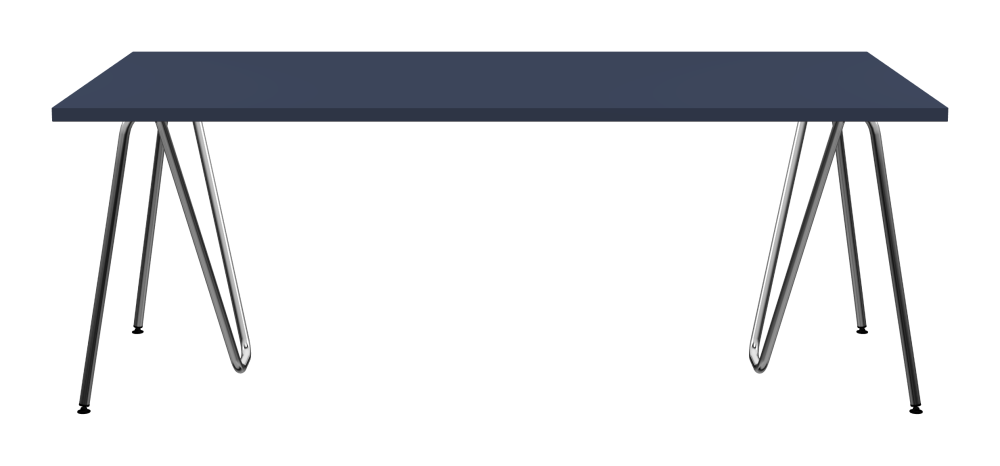SINUS Tisch - Form Eckig - Länge 200,00 cm - Tiefe 100,00 cm - Radius 0,30 cm - Stärke 3 cm - Oberseite Linoleum, 4179 Smokey Blue - Kern Stäbchenplatte - Kante Linoleum, 4179 Smokey Blue - Kantenschräge 90° / SINUS Tischböcke - Material und Farbe Stahl, Verchromt - Größe L: L 74 × B 36 × H 72 cm