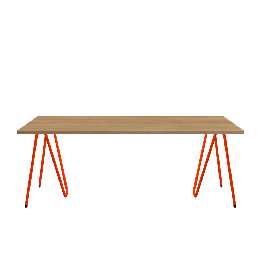 SINUS Table - Shape Square - Length 200.00 cm - Width 100.00 cm - Radius 1.00 cm - Thickness 2.9 cm - Surface Wood Veneer, Oak - Core Laminboard - Edge Wood, Oak - Profile Edge 90° / SINUS Trestles - Material and Colour Steel, Powder-coated, Blood orange (RAL 2002) - Size L: L 74 × W 36 × H 72 cm