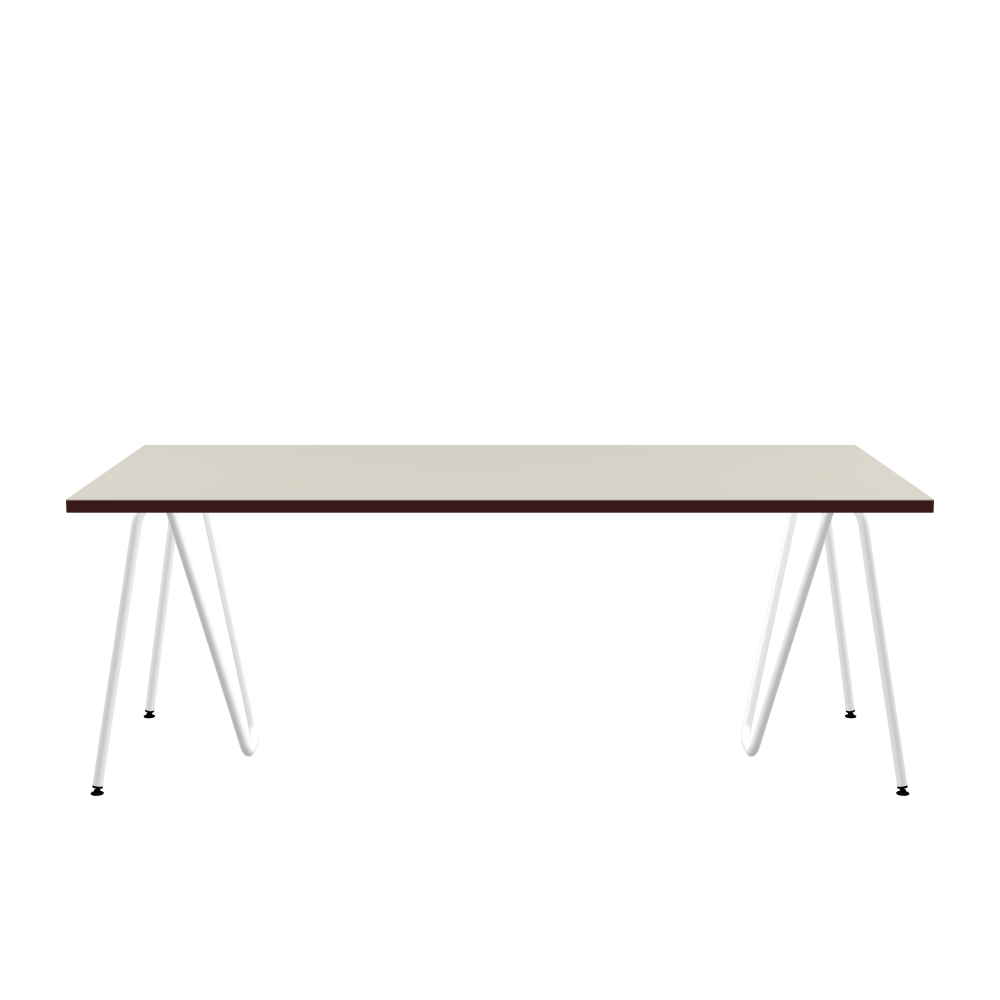 SINUS Table - Shape Square - Length 200.00 cm - Width 100.00 cm - Radius 0.30 cm - Thickness 3 cm - Surface Linoleum, 4176 Mushroom - Core Laminboard - Edge Linoleum, 4154 Burgundy - Profile Edge 90° / SINUS Trestles - Material and Colour Steel, Powder-coated, Traffic white (RAL 9016) - Size L: L 74 × W 36 × H 72 cm