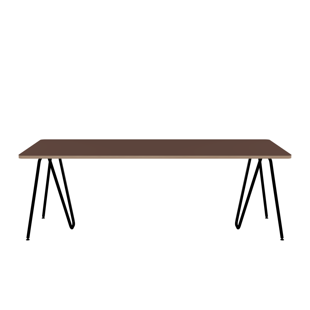 SINUS Table - Shape Square - Length 220.00 cm - Width 100.00 cm - Radius 4.00 cm - Thickness 2.6 cm - Freeform 1.00000000 - Surface Linoleum, 4009 Espresso - Core Birch Plywood - Profile Edge 90° / SINUS Trestles - Material and Colour Steel, Powder-coated, Jet black (RAL 9005) - Size L: L 74 × W 36 × H 72 cm