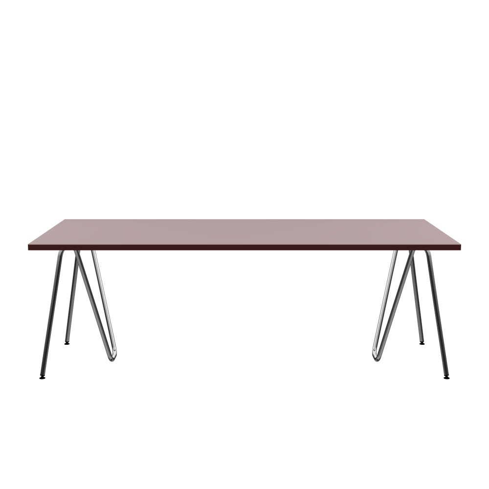 SINUS Table - Shape Square - Length 220.00 cm - Width 100.00 cm - Radius 0.30 cm - Thickness 3 cm - Surface Linoleum, 4010 Soft Lilac - Core Laminboard - Edge Linoleum, 4154 Burgundy - Profile Edge 90° / SINUS Trestles - Material and Colour Steel, Chrome-plated - Size L: L 74 × W 36 × H 72 cm