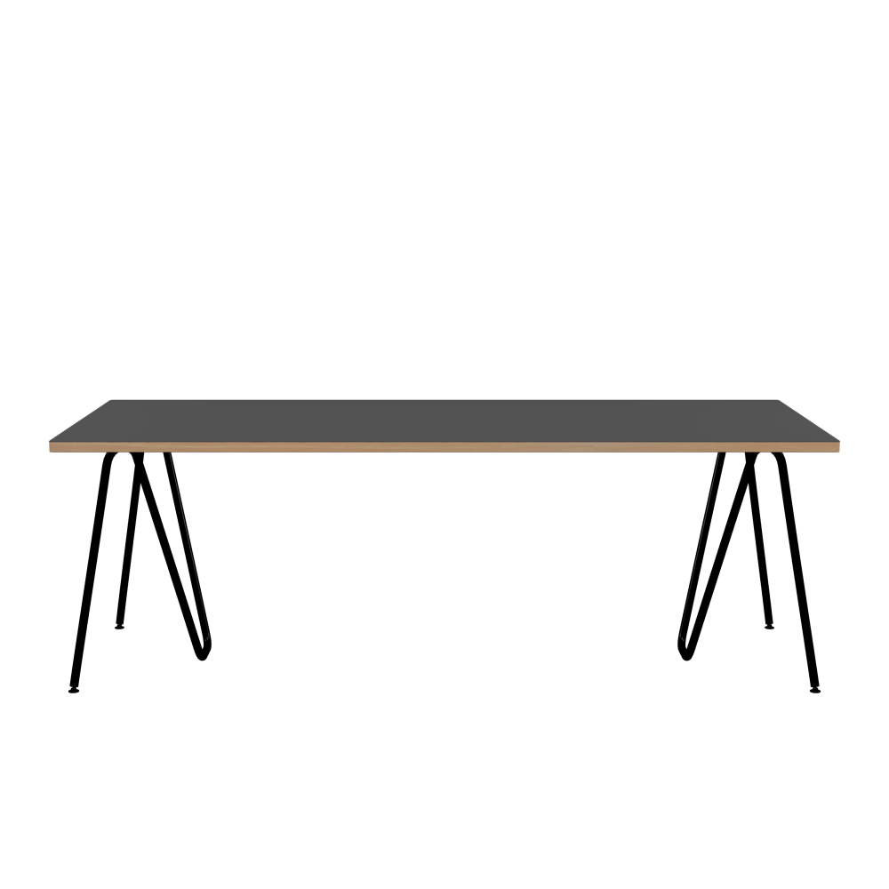 SINUS Tisch - Form Eckig - Länge 220,00 cm - Tiefe 90,00 cm - Radius 1,00 cm - Stärke 3 cm - Oberseite Linoleum, 4012 Basalt - Kern Stäbchenplatte - Kante Holz, Lärche - Kantenschräge 90° / SINUS Tischböcke - Material und Farbe Stahl, Pulverbeschichtet, Tiefschwarz (RAL 9005) - Größe L: L 74 × B 36 × H 72 cm