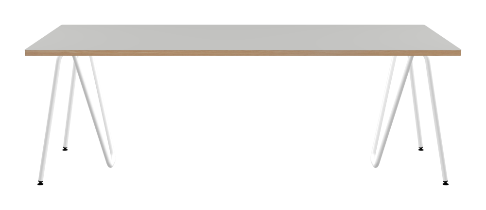 SINUS Tisch - Form Eckig - Länge 220,00 cm - Tiefe 100,00 cm - Radius 1,00 cm - Stärke 3 cm - Oberseite Linoleum, 4175 Pebble - Kern Stäbchenplatte - Kante Holz, Lärche - Kantenschräge 90° / SINUS Tischböcke - Material und Farbe Stahl, Pulverbeschichtet, Verkehrsweiß (RAL 9016) - Größe L: L 74 × B 36 × H 72 cm