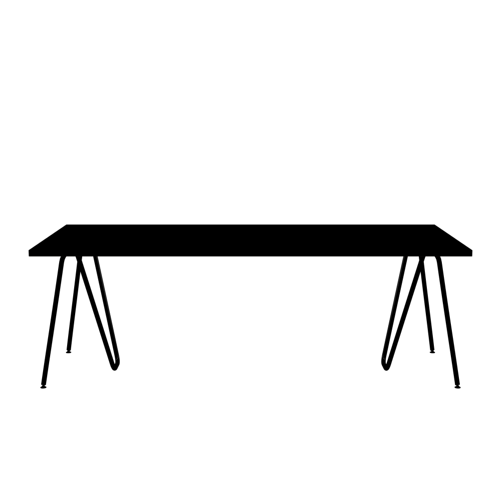 SINUS Tisch - Form Eckig - Länge 220,00 cm - Tiefe 100,00 cm - Radius 0,30 cm - Stärke 3 cm - Oberseite Linoleum, 4023 Nero - Kern Stäbchenplatte - Kante Linoleum, 4023 Nero - Kantenschräge 90° / SINUS Tischböcke - Material und Farbe Stahl, Pulverbeschichtet, Tiefschwarz (RAL 9005) - Größe L: L 74 × B 36 × H 72 cm