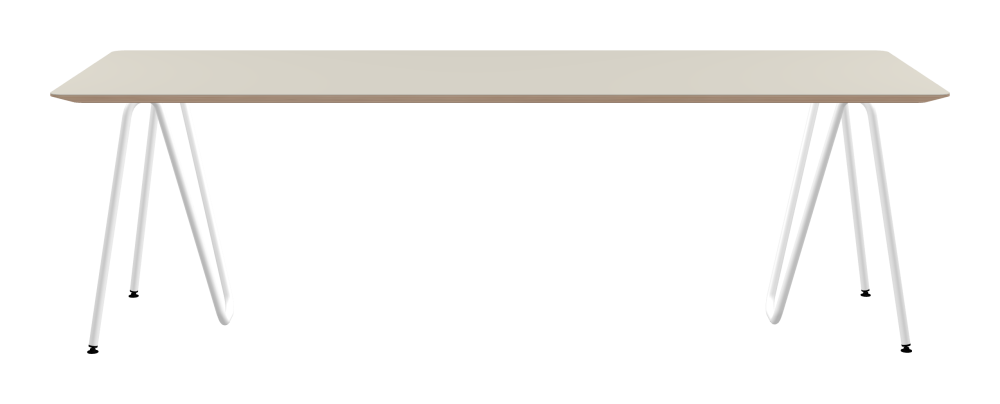 SINUS Tisch - Form Eckig - Länge 240,00 cm - Tiefe 90,00 cm - Radius 4,00 cm - Stärke 2,9 cm - Freiformfläche 1.00000000 - Oberseite Linoleum, 4176 Mushroom - Kern Multiplex Birke - Kantenschräge 25° / SINUS Tischböcke - Material und Farbe Stahl, Pulverbeschichtet, Verkehrsweiß (RAL 9016) - Größe M: L 63 × B 36 × H 72 cm