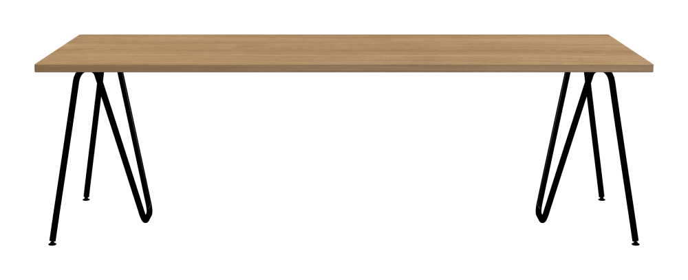SINUS Tisch - Form Eckig - Länge 240,00 cm - Tiefe 90,00 cm - Radius 1,00 cm - Stärke 2,9 cm - Oberseite Holzfurnier, Eiche - Kern Stäbchenplatte - Kante Holz, Eiche - Kantenschräge 90° / SINUS Tischböcke - Material und Farbe Stahl, Pulverbeschichtet, Tiefschwarz (RAL 9005) - Größe L: L 74 × B 36 × H 72 cm