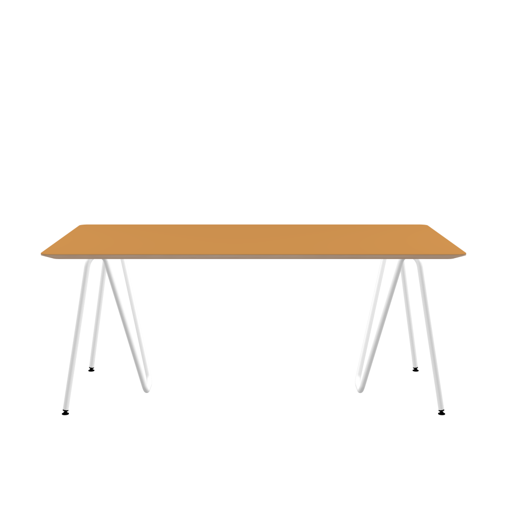 SINUS Tisch - Form Eckig - Länge 180,00 cm - Tiefe 100,00 cm - Radius 4,00 cm - Stärke 2,6 cm - Freiformfläche 1.00000000 - Oberseite Linoleum, 4002 Leather - Kern Multiplex Birke - Kantenschräge 25° / SINUS Tischböcke - Material und Farbe Stahl, Pulverbeschichtet, Verkehrsweiß (RAL 9016) - Größe L: L 74 × B 36 × H 72 cm