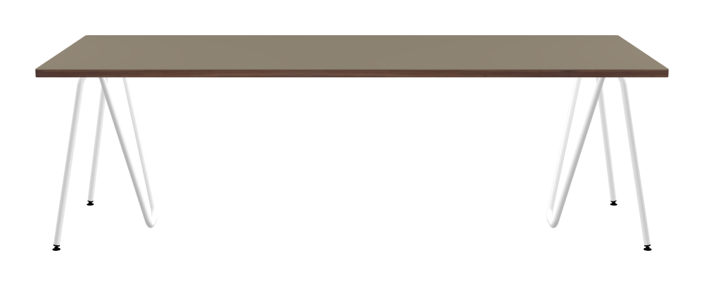 SINUS Tisch - Form Eckig - Länge 240,00 cm - Tiefe 100,00 cm - Radius 1,00 cm - Stärke 3 cm - Oberseite Linoleum, 4011 Taupe - Kern Stäbchenplatte - Kante Holz, Walnuß - Kantenschräge 90° / SINUS Tischböcke - Material und Farbe Stahl, Pulverbeschichtet, Verkehrsweiß (RAL 9016) - Größe L: L 74 × B 36 × H 72 cm