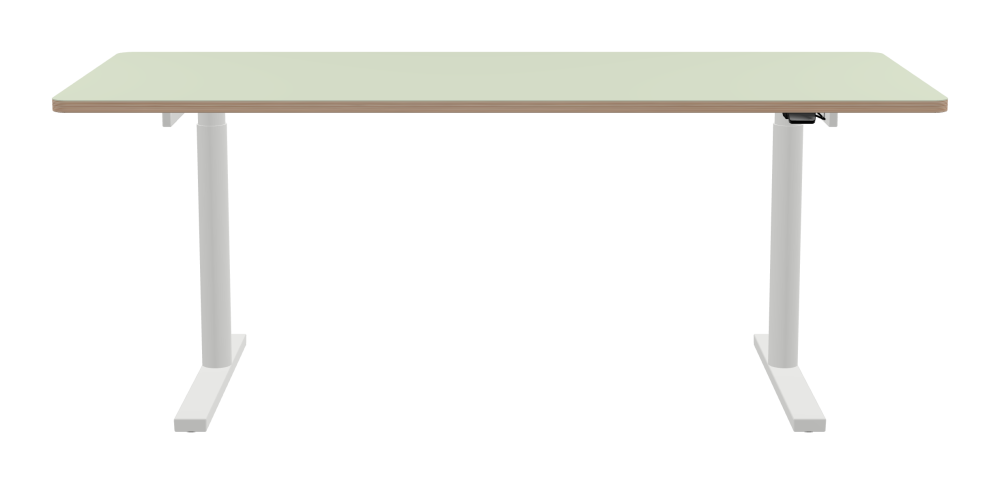 ATS Desk - Shape Square - Length 190.00 cm - Width 80.00 cm - Radius 4.00 cm - Thickness 2.6 cm - Freeform 1.00000000 - Surface Linoleum, 4183 Pistachio - Core Birch Plywood - Profile Edge 90° / ATS Desk Frame - Material and Colour Powder coated, Traffic white (RAL 9016) - Size L 146 × W 71 cm - Lifting Columns Round - Control Unit Standard