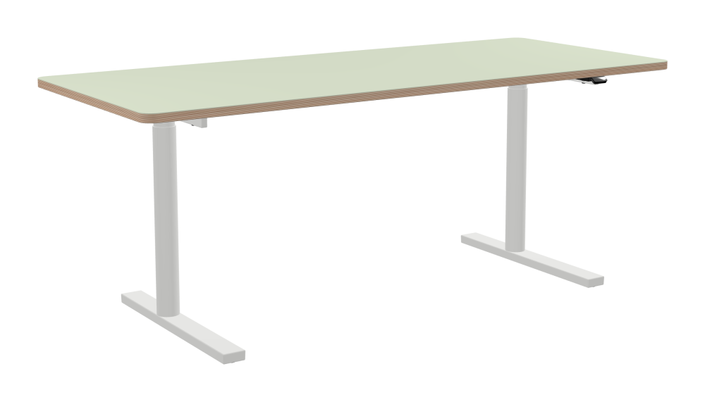 ATS Desk - Shape Square - Length 190.00 cm - Width 80.00 cm - Radius 4.00 cm - Thickness 2.6 cm - Freeform 1.00000000 - Surface Linoleum, 4183 Pistachio - Core Birch Plywood - Profile Edge 90° / ATS Desk Frame - Material and Colour Powder coated, Traffic white (RAL 9016) - Size L 146 × W 71 cm - Lifting Columns Round - Control Unit Standard