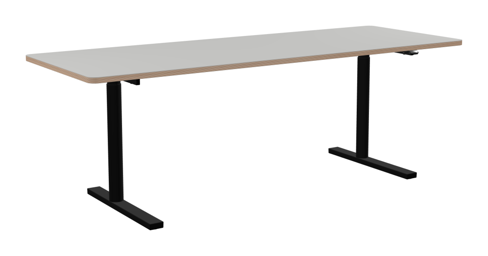 ATS Desk - Shape Square - Length 220.00 cm - Width 80.00 cm - Radius 4.00 cm - Thickness 2.6 cm - Freeform 1.00000000 - Surface Linoleum, 4175 Pebble - Core Birch Plywood - Profile Edge 90° / ATS Desk Frame - Material and Colour Powder coated, Jet black (RAL 9005) - Size L 166 × W 71 cm - Lifting Columns Round - Control Unit Standard