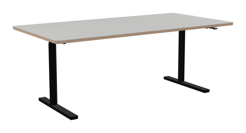 ATS Desk - Shape Square - Length 200.00 cm - Width 100.00 cm - Radius 4.00 cm - Thickness 2.6 cm - Freeform 1.00000000 - Surface Linoleum, 4175 Pebble - Core Birch Plywood - Profile Edge 90° / ATS Desk Frame - Material and Colour Powder coated, Jet black (RAL 9005) - Size L 166 × W 71 cm - Lifting Columns Round - Control Unit Standard