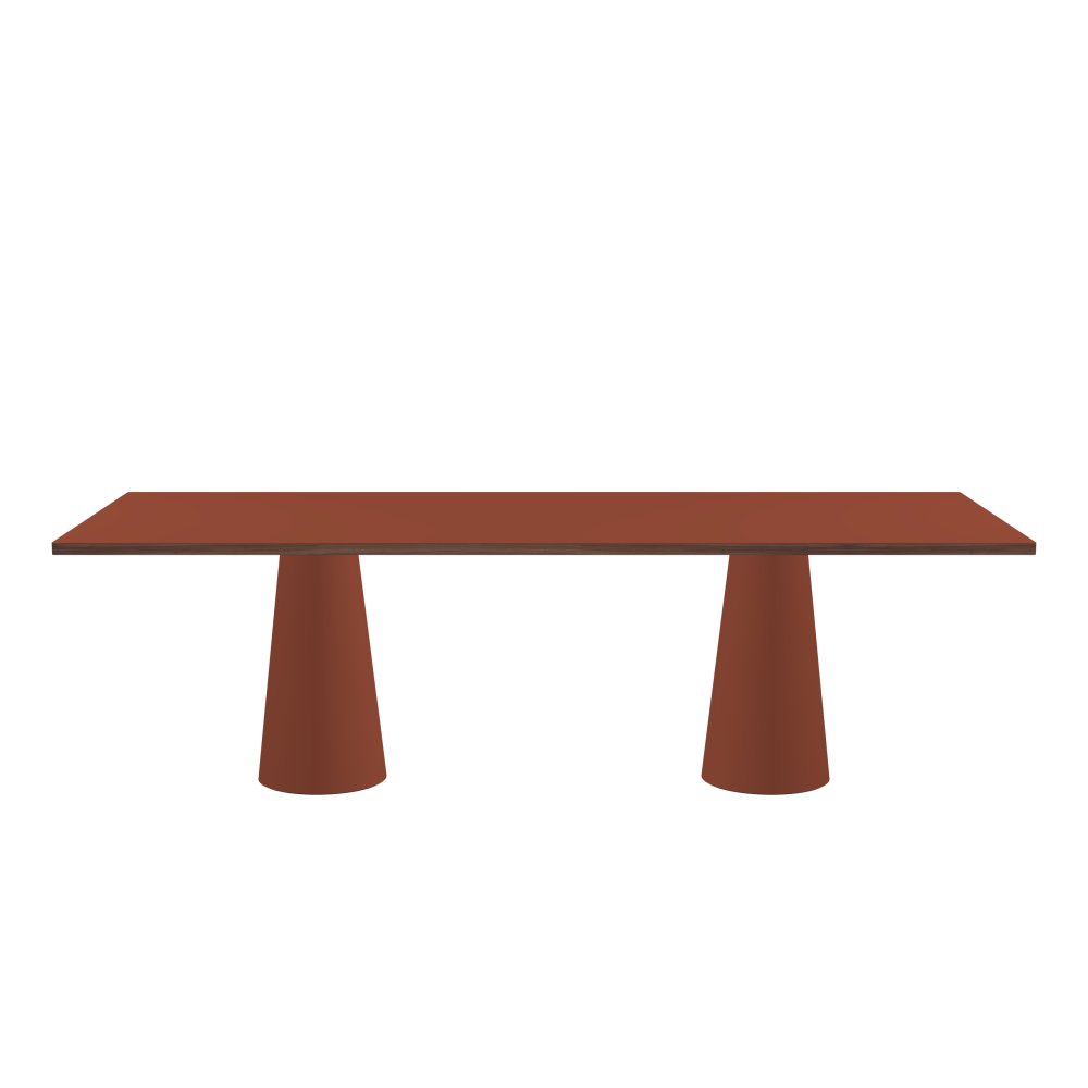 ALT Table - Shape Square - Length 250.00 cm - Width 100.00 cm - Radius 1.00 cm - Thickness 3 cm - Surface Linoleum, 4008 Brick - Core Laminboard - Edge Wood, Walnut - Profile Edge 90° / ALT Table Stand - Surface Linoleum, 4008 Brick - Size S: Ø 36 × H 72 cm