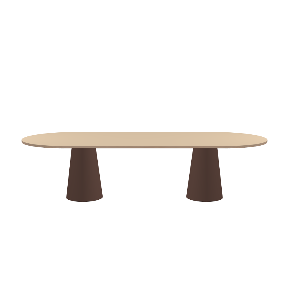 ALT Table - Shape Square - Length 300.00 cm - Width 120.00 cm - Radius 60.00 cm - Thickness 2.6 cm - Freeform 1.00000000 - Surface Linoleum, 4007 Macadamia - Core Birch Plywood - Profile Edge 90° / ALT Table Stand - Surface Linoleum, 4009 Espresso - Size L: Ø 42 × H 72 cm