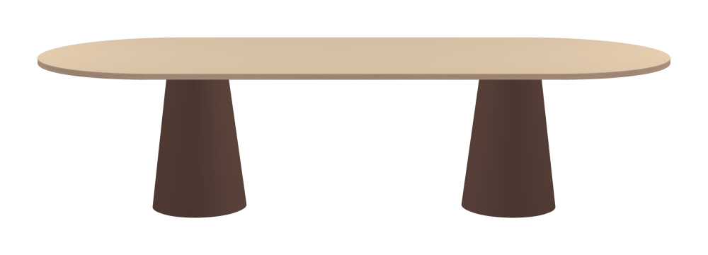 ALT Tisch - Form Eckig - Länge 300,00 cm - Tiefe 120,00 cm - Radius 60,00 cm - Stärke 2,6 cm - Freiformfläche 1.00000000 - Oberseite Linoleum, 4007 Macadamia - Kern Multiplex Birke - Kantenschräge 90° / ALT Tischsäule - Oberseite Linoleum, 4009 Espresso - Größe L: Ø 42 × H 72 cm