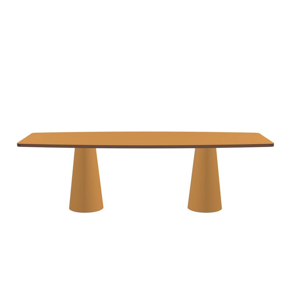ALT Table - Shape Hard Barrel - Length 250.00 cm - Width 100.00 cm - Radius 5.00 cm - Thickness 3 cm - Freeform 1.00000000 - Surface Linoleum, 4002 Leather - Core Laminboard - Edge Wood, Walnut - Profile Edge 90° / ALT Table Stand - Surface Linoleum, 4002 Leather - Size S: Ø 36 × H 72 cm