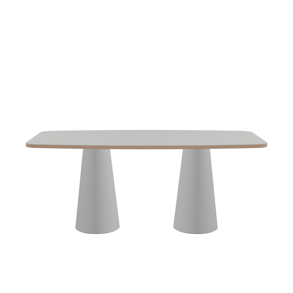 ALT Table - Shape Hard Barrel - Length 180.00 cm - Width 90.00 cm - Radius 10.00 cm - Thickness 2.6 cm - Freeform 1.00000000 - Surface Linoleum, 4175 Pebble - Core Birch Plywood - Profile Edge 90° / ALT Table Stand - Surface Linoleum, 4175 Pebble - Size S: Ø 36 × H 72 cm