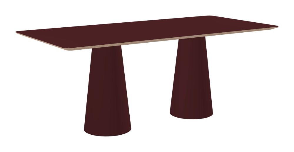 ALT Tisch - Form Eckig - Länge 190,00 cm - Tiefe 90,00 cm - Radius 4,00 cm - Stärke 2,6 cm - Freiformfläche 1.00000000 - Oberseite Linoleum, 4154 Burgundy - Kern Multiplex Birke - Kantenschräge 25° / ALT Tischsäule - Oberseite Linoleum, 4154 Burgundy - Größe S: Ø 36 × H 72 cm