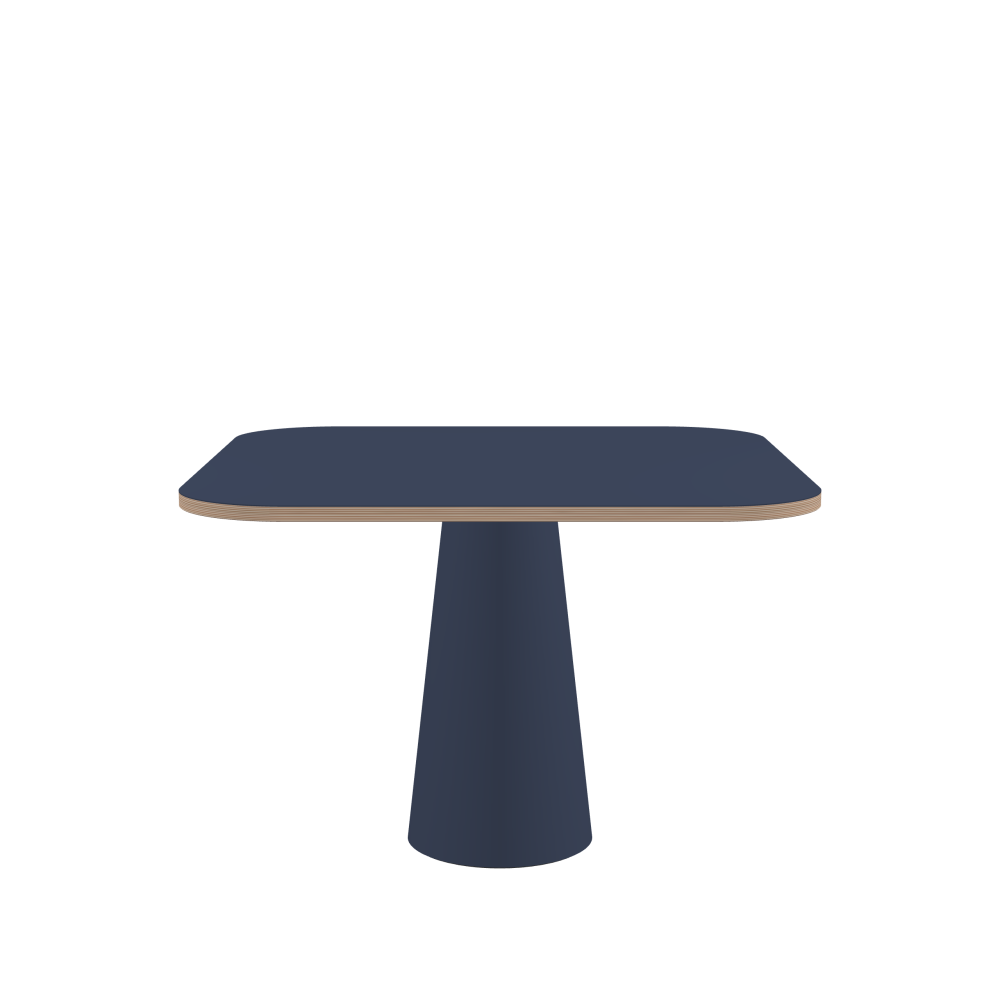 ALT Table - Shape Square - Length 110.00 cm - Width 110.00 cm - Radius 20.00 cm - Thickness 2.6 cm - Freeform 1.00000000 - Surface Linoleum, 4179 Smokey Blue - Core Birch Plywood - Profile Edge 90° / ALT Table Stand - Surface Linoleum, 4179 Smokey Blue - Size S: Ø 36 × H 72 cm