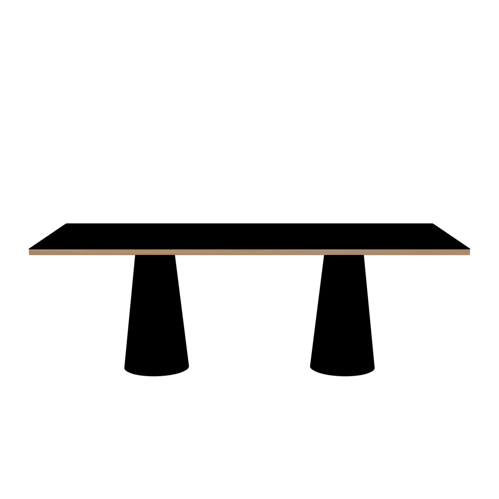 ALT Table - Shape Square - Length 220.00 cm - Width 100.00 cm - Radius 1.00 cm - Thickness 3 cm - Surface Linoleum, 4023 Nero - Core Laminboard - Edge Wood, Larch - Profile Edge 90° / ALT Table Stand - Surface Linoleum, 4023 Nero - Size S: Ø 36 × H 72 cm