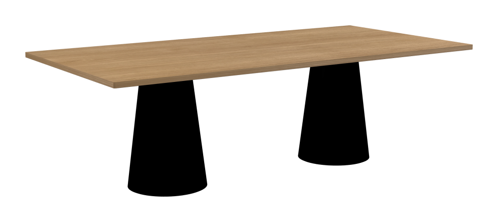 ALT Tisch - Form Eckig - Länge 240,00 cm - Tiefe 120,00 cm - Radius 1,00 cm - Stärke 2,9 cm - Oberseite Holzfurnier, Eiche - Kern Stäbchenplatte - Kante Holz, Eiche - Kantenschräge 90° / ALT Tischsäule - Oberseite Linoleum, 4023 Nero - Größe L: Ø 42 × H 72 cm
