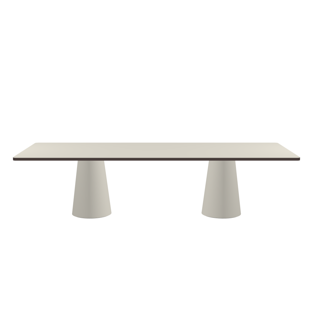 ALT Table - Shape Square - Length 300.00 cm - Width 120.00 cm - Radius 4.00 cm - Thickness 3 cm - Surface Linoleum, 4176 Mushroom - Core Laminboard - Edge Linoleum, 4172 Mauve - Profile Edge 90° / ALT Table Stand - Surface Linoleum, 4176 Mushroom - Size L: Ø 42 × H 72 cm