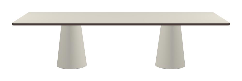 ALT Tisch - Form Eckig - Länge 300,00 cm - Tiefe 120,00 cm - Radius 4,00 cm - Stärke 3 cm - Oberseite Linoleum, 4176 Mushroom - Kern Stäbchenplatte - Kante Linoleum, 4172 Mauve - Kantenschräge 90° / ALT Tischsäule - Oberseite Linoleum, 4176 Mushroom - Größe L: Ø 42 × H 72 cm