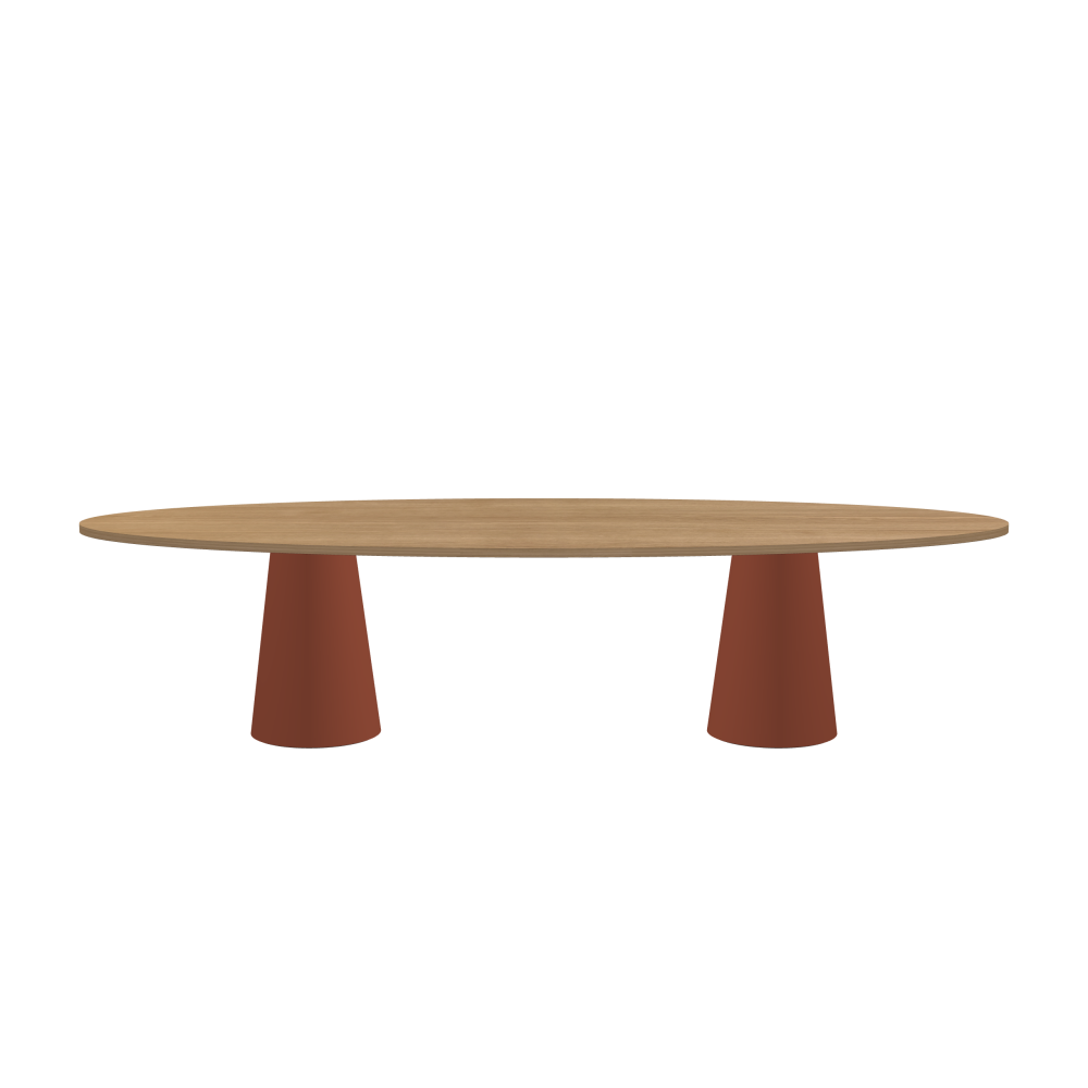 ALT Table - Shape Round - Length 320.00 cm - Width 120.00 cm - Thickness 2.9 cm - Freeform 1.00000000 - Surface Wood Veneer, Oak - Core Laminboard - Edge Wood, Oak - Profile Edge 90° / ALT Table Stand - Surface Linoleum, 4008 Brick - Size L: Ø 42 × H 72 cm