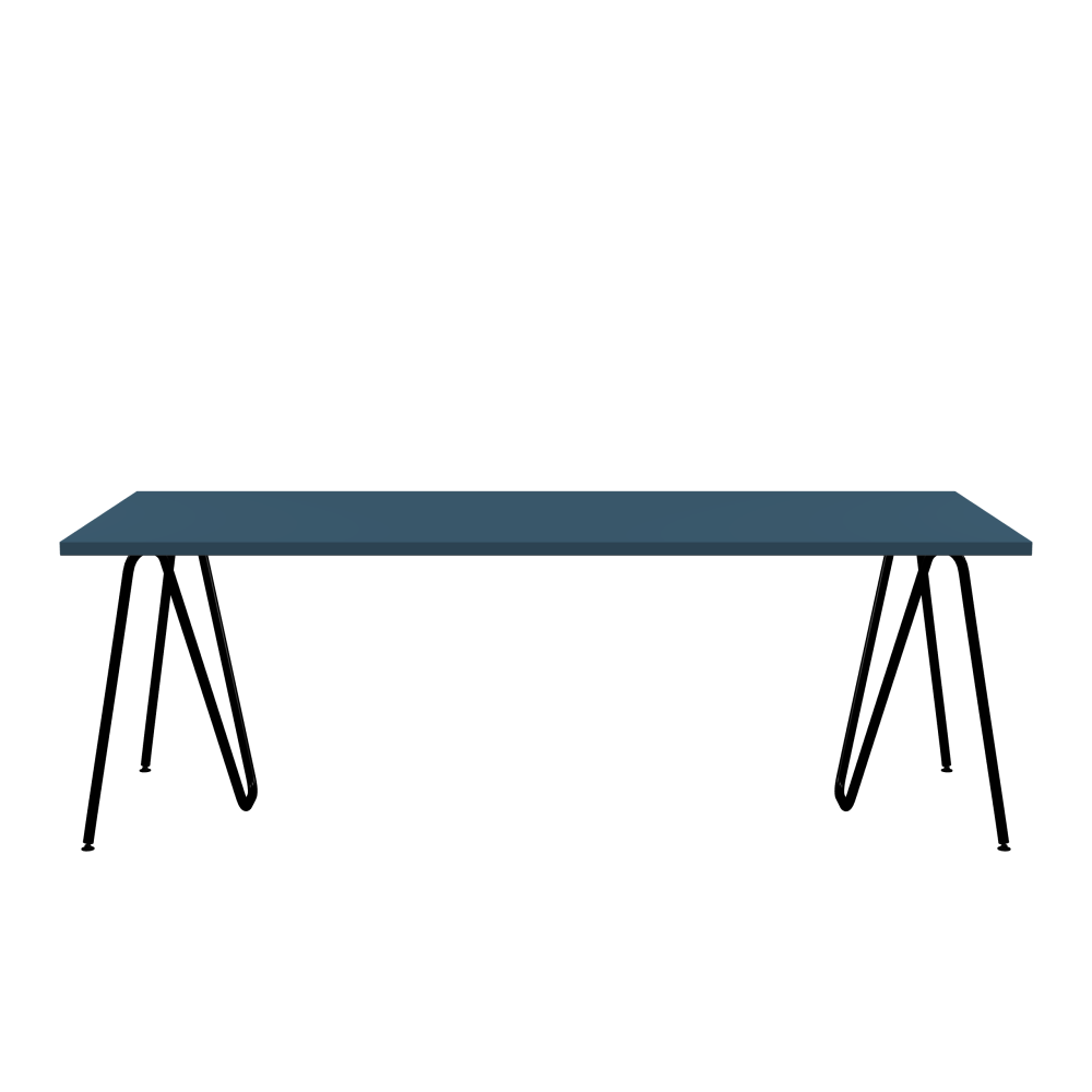 SINUS Tisch - Form Eckig - Länge 220,00 cm - Tiefe 90,00 cm - Radius 0,30 cm - Stärke 3 cm - Oberseite Linoleum, 4005 Denim - Kern Stäbchenplatte - Kante Linoleum, 4005 Denim - Kantenschräge 90° / SINUS Tischböcke - Material und Farbe Stahl, Pulverbeschichtet, Tiefschwarz (RAL 9005) - Größe L: L 74 × B 36 × H 72 cm