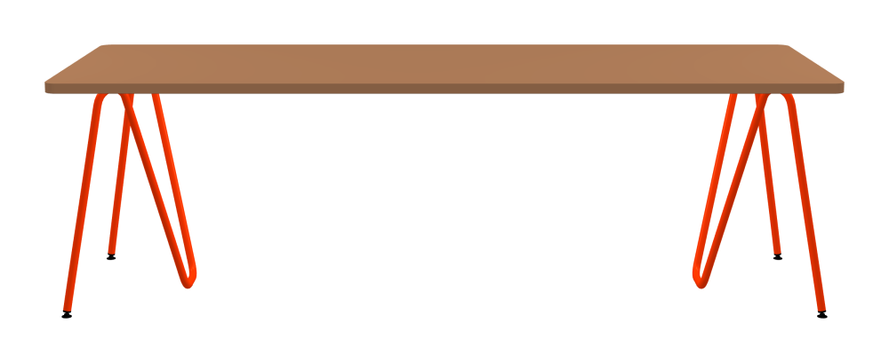SINUS Tisch - Form Eckig - Länge 240,00 cm - Tiefe 90,00 cm - Radius 4,00 cm - Stärke 3 cm - Oberseite Linoleum, 4003 Walnut - Kern Stäbchenplatte - Kante Linoleum, 4003 Walnut - Kantenschräge 90° / SINUS Tischböcke - Material und Farbe Stahl, Pulverbeschichtet, Blutorange (RAL 2002) - Größe L: L 74 × B 36 × H 72 cm