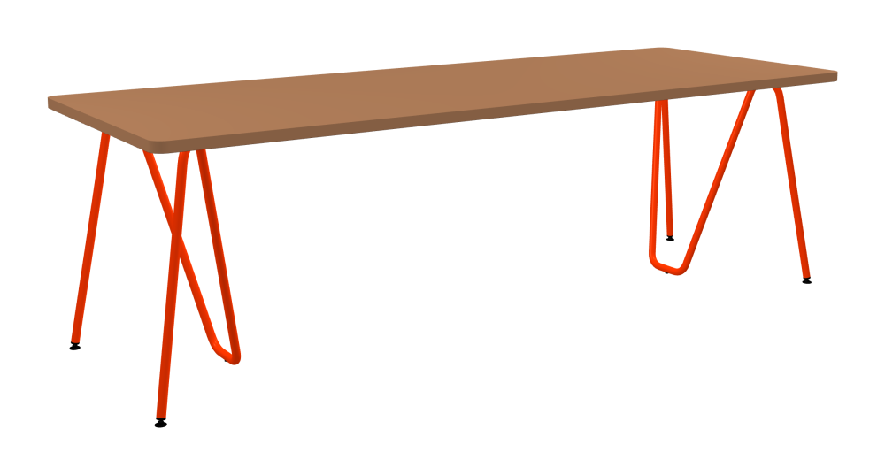 SINUS Tisch - Form Eckig - Länge 240,00 cm - Tiefe 90,00 cm - Radius 4,00 cm - Stärke 3 cm - Oberseite Linoleum, 4003 Walnut - Kern Stäbchenplatte - Kante Linoleum, 4003 Walnut - Kantenschräge 90° / SINUS Tischböcke - Material und Farbe Stahl, Pulverbeschichtet, Blutorange (RAL 2002) - Größe L: L 74 × B 36 × H 72 cm