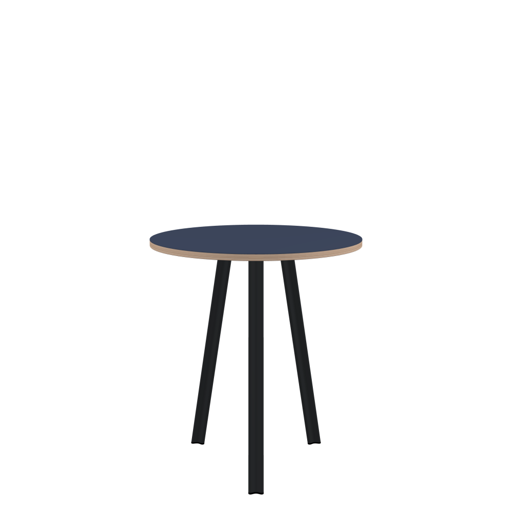 BEAM Table - Shape Round - Length 65.00 cm - Width 65.00 cm - Thickness 2 cm - Freeform 1.00000000 - Surface Linoleum, 4179 Smokey Blue - Core Birch Plywood - Profile Edge 90° / BEAM Table Legs - Material and Colour Aluminium, powder-coated, Black grey (RAL 7021) - Profile strength Small - Height 71 cm - Set 3 Legs