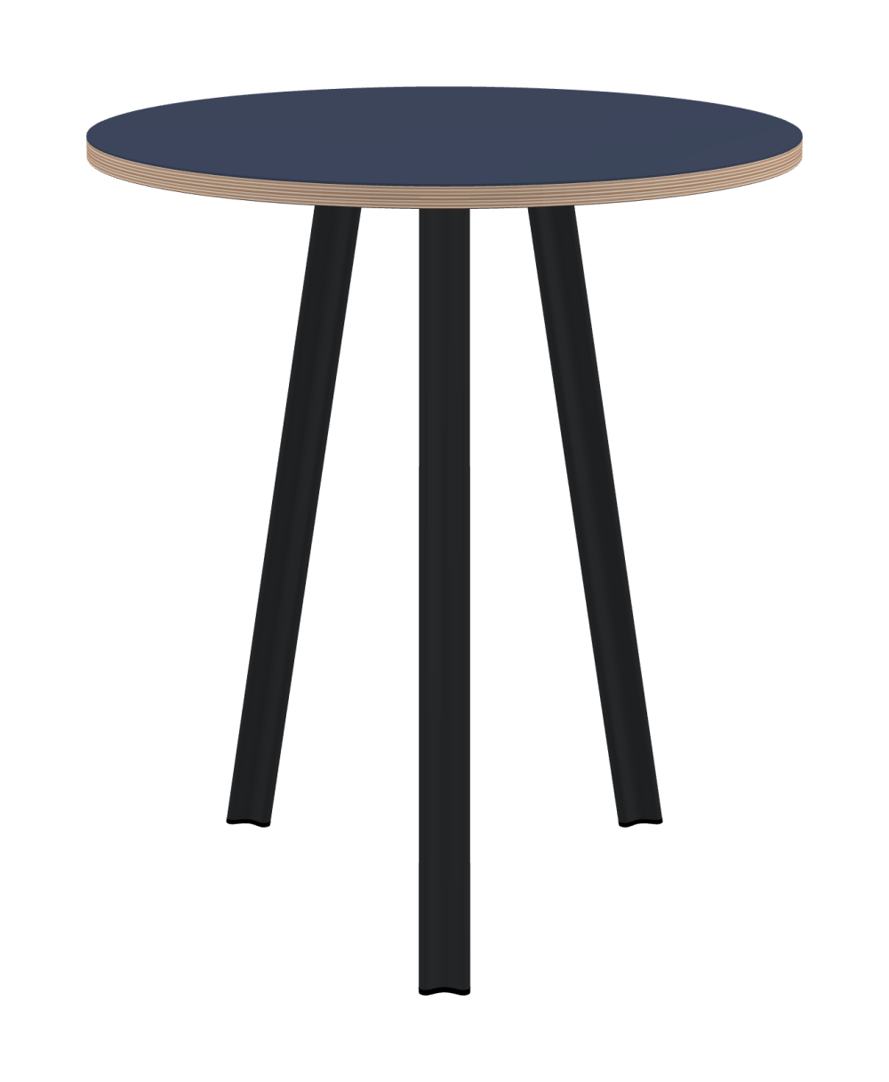 BEAM Table - Shape Round - Length 65,00 cm - Width 65,00 cm - Thickness 2 cm - Freeform 1.00000000 - Surface Linoleum, 4179 Smokey Blue - Core Birch Plywood - Profile Edge 90° / BEAM Table Legs - Material and Colour Aluminium, powder-coated, Black grey (RAL 7021) - Profile strength Small - Height 71 cm - Set 3 Legs