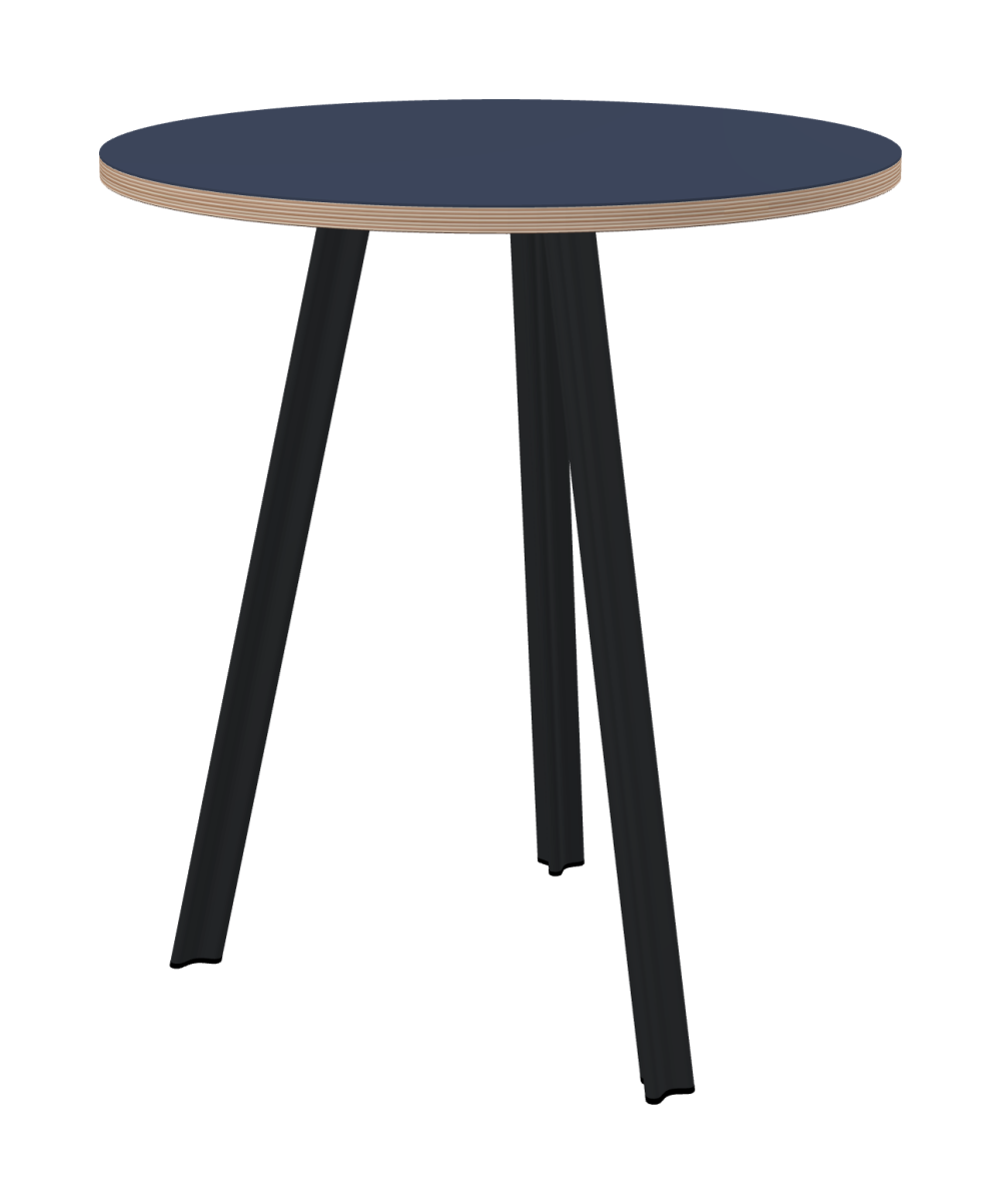 BEAM Table - Shape Round - Length 65,00 cm - Width 65,00 cm - Thickness 2 cm - Freeform 1.00000000 - Surface Linoleum, 4179 Smokey Blue - Core Birch Plywood - Profile Edge 90° / BEAM Table Legs - Material and Colour Aluminium, powder-coated, Black grey (RAL 7021) - Profile strength Small - Height 71 cm - Set 3 Legs