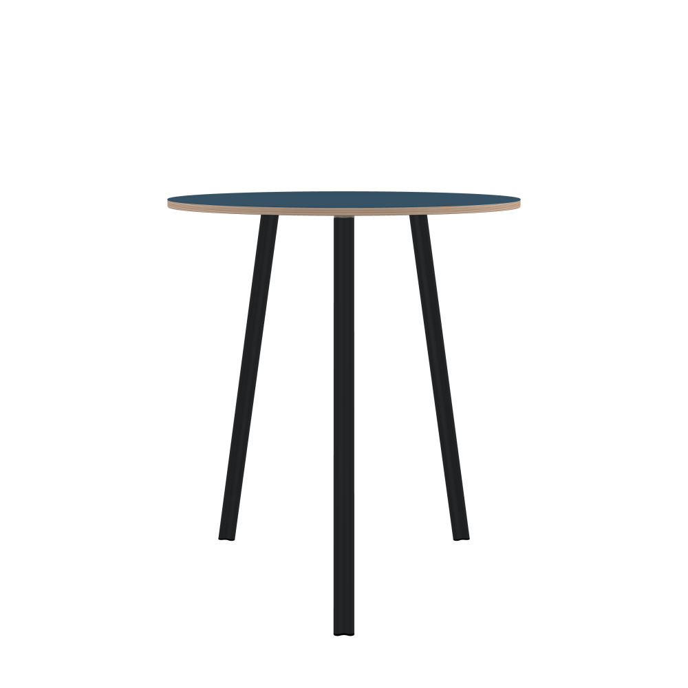 BEAM Table - Shape Round - Length 95.00 cm - Width 95.00 cm - Thickness 2 cm - Freeform 1.00000000 - Surface Linoleum, 4005 Denim - Core Birch Plywood - Profile Edge 90° / BEAM Table Legs - Material and Colour Aluminium, powder-coated, Black grey (RAL 7021) - Profile strength Standard - Height 102 cm - Set 3 Legs