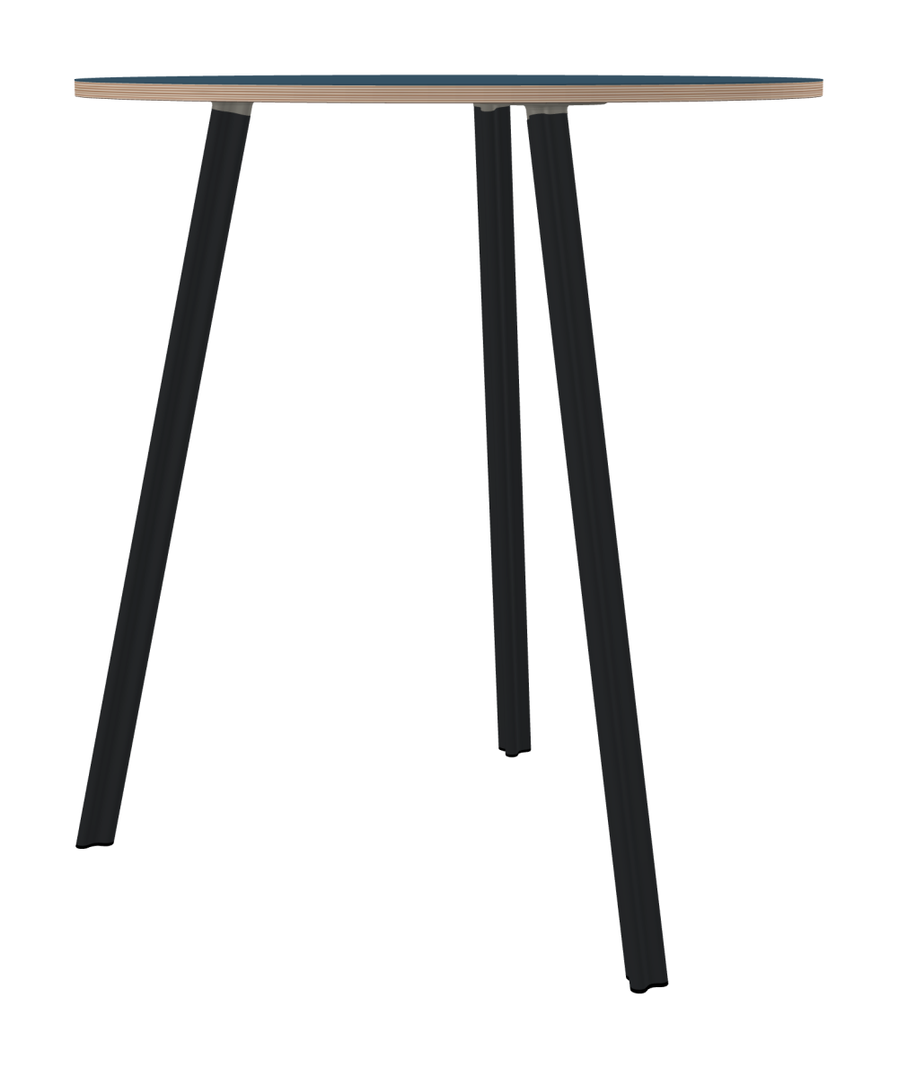 BEAM Table - Shape Round - Length 95,00 cm - Width 95,00 cm - Thickness 2 cm - Freeform 1.00000000 - Surface Linoleum, 4005 Denim - Core Birch Plywood - Profile Edge 90° / BEAM Table Legs - Material and Colour Aluminium, powder-coated, Black grey (RAL 7021) - Profile strength Standard - Height 102 cm - Set 3 Legs