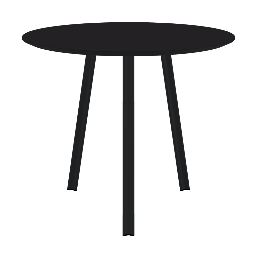 BEAM Table - Shape Round - Length 85,00 cm - Width 85,00 cm - Thickness 2.1 cm - Freeform 1.00000000 - Surface Linoleum, 4166 Charcoal - Core MDF - Edge MDF, Black - Profile Edge 25° / BEAM Table Legs - Material and Colour Aluminium, powder-coated, Black grey (RAL 7021) - Profile strength Small - Height 71 cm - Set 3 Legs