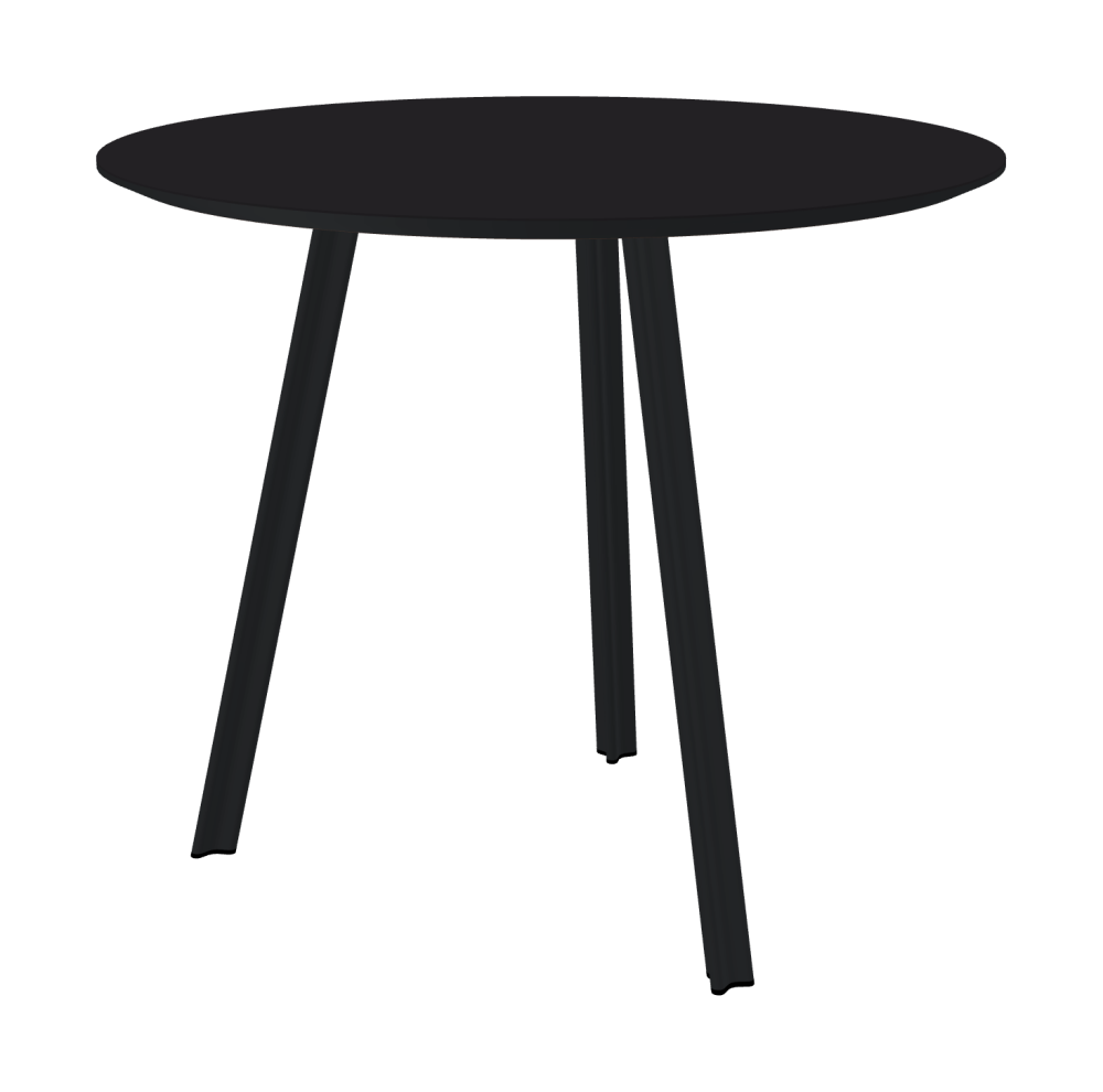 BEAM Table - Shape Round - Length 85,00 cm - Width 85,00 cm - Thickness 2.1 cm - Freeform 1.00000000 - Surface Linoleum, 4166 Charcoal - Core MDF - Edge MDF, Black - Profile Edge 25° / BEAM Table Legs - Material and Colour Aluminium, powder-coated, Black grey (RAL 7021) - Profile strength Small - Height 71 cm - Set 3 Legs