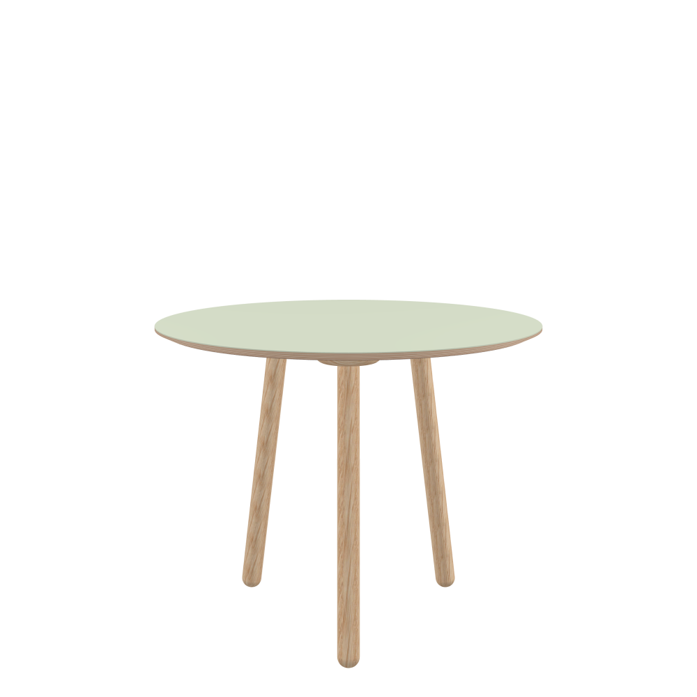 MT2 Tisch - Form Rund - Länge 90,00 cm - Tiefe 90,00 cm - Stärke 2 cm - Freiformfläche 1.00000000 - Oberseite Linoleum, 4183 Pistachio - Kern Multiplex Birke - Kantenschräge 25° / MT2 Tischbeine - Material und Farbe Holz, Eiche, natur, matt geölt - Set 3 Tischbeine