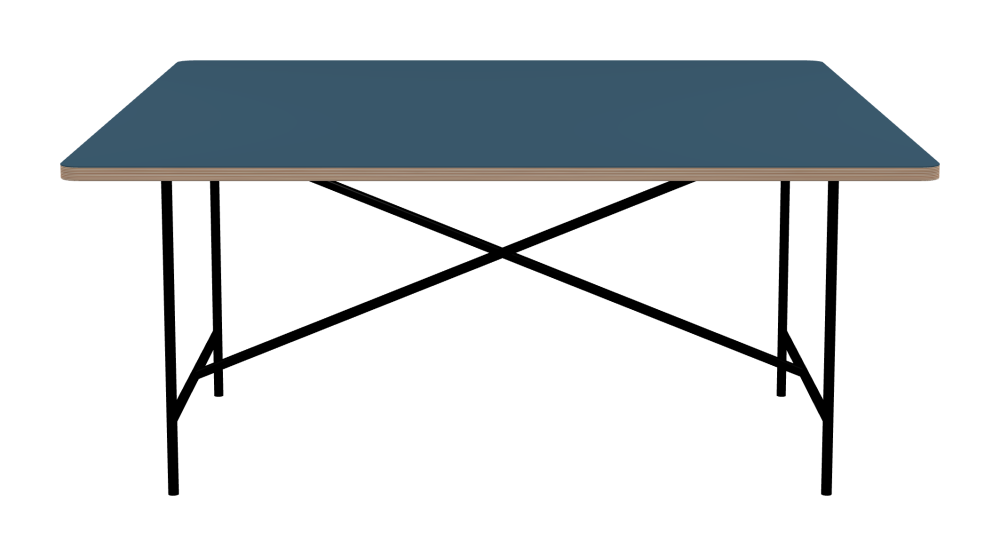 E2 Tisch - Form Eckig - Länge 160,00 cm - Tiefe 160,00 cm - Radius 4,00 cm - Stärke 2,6 cm - Freiformfläche 1.00000000 - Oberseite Linoleum, 4005 Denim - Kern Multiplex Birke - Kantenschräge 90° / E2 Tischgestell - Material und Farbe Stahl, Tiefschwarz (RAL 9005) - Kreuzstreben Mittig - Länge 135 cm - Breite 78 cm - Höhe 72 cm